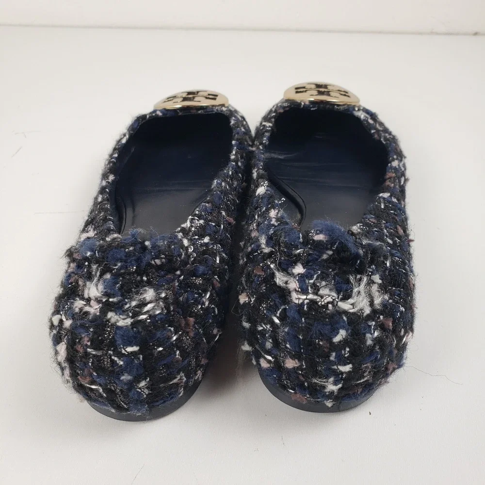 Tory Burch Serena Tweed Ballet Flats Navy Blue Gold Logo‎ Medallion Size 7M